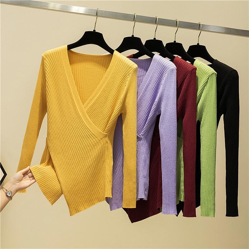 Sexy V-Neck Long Sleeve Pullover Knitted Sweater Women 2021 Winter Sweaters Chic Knitwear Korean Woman Clothes Fall