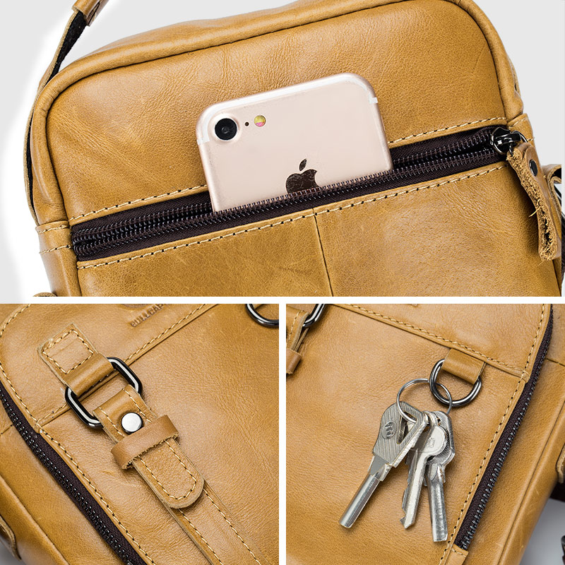 BULLCAPTAIN Leather Shoulder Messenger Bag Men's Classic Retro Multifunctional Double-Layer Storage Hanging Keychain Handbag