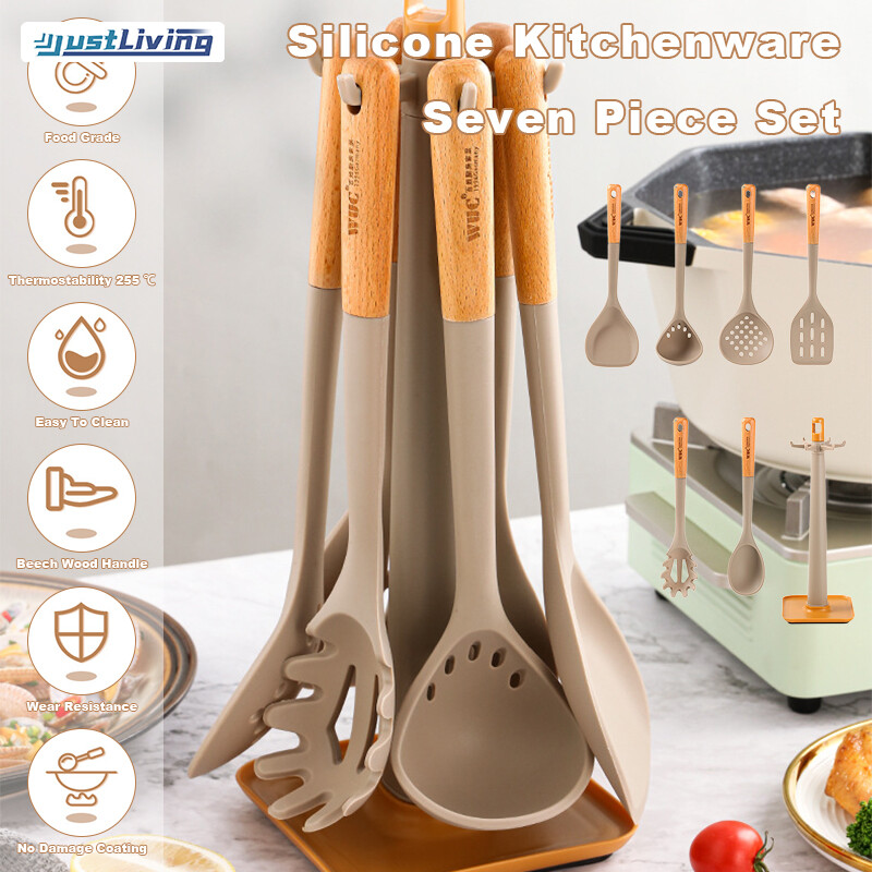 JustLiving Silicone Kitchen Utensil Kit with Wooden Handle Non-stick Cooking Shovel Kitchen Tools Spatula Heat Resistant Frying Spatula Leak Soup Spoon Kitchen Cooking Tools