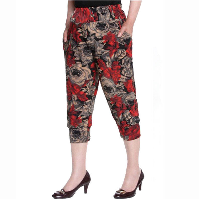 Xiang Nian Ni Middle-aged and elderly mother pants ice silk elastic waist cropped pants high waist bloomers