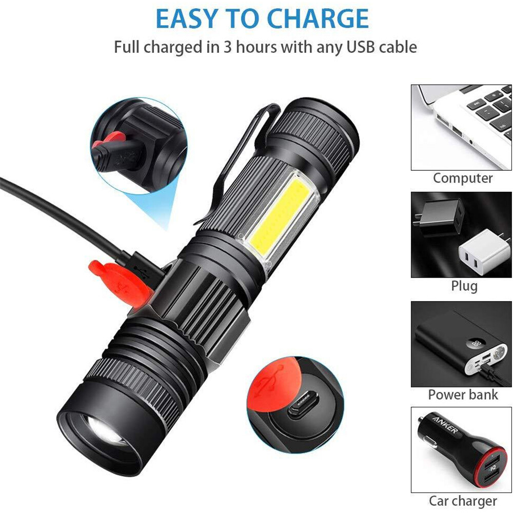 Virwir Original torch light flashlight re-chargeable emergency light re-chargeable led lightT6+COB Zoomable LED Flashlight USB Re-chargeable 1Torch With Magnetic Base