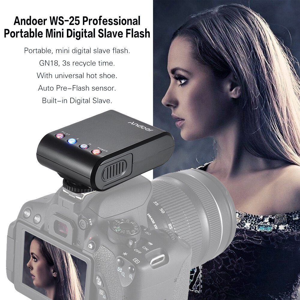 Andoer WS-25 Professional Portable Mini Digital Slave Flash Speedlite On-Camera Flash with Universal Hot Shoe GN18 for Canon Nikon Pentax Sony a7 nex6 HX50 A99 Camera