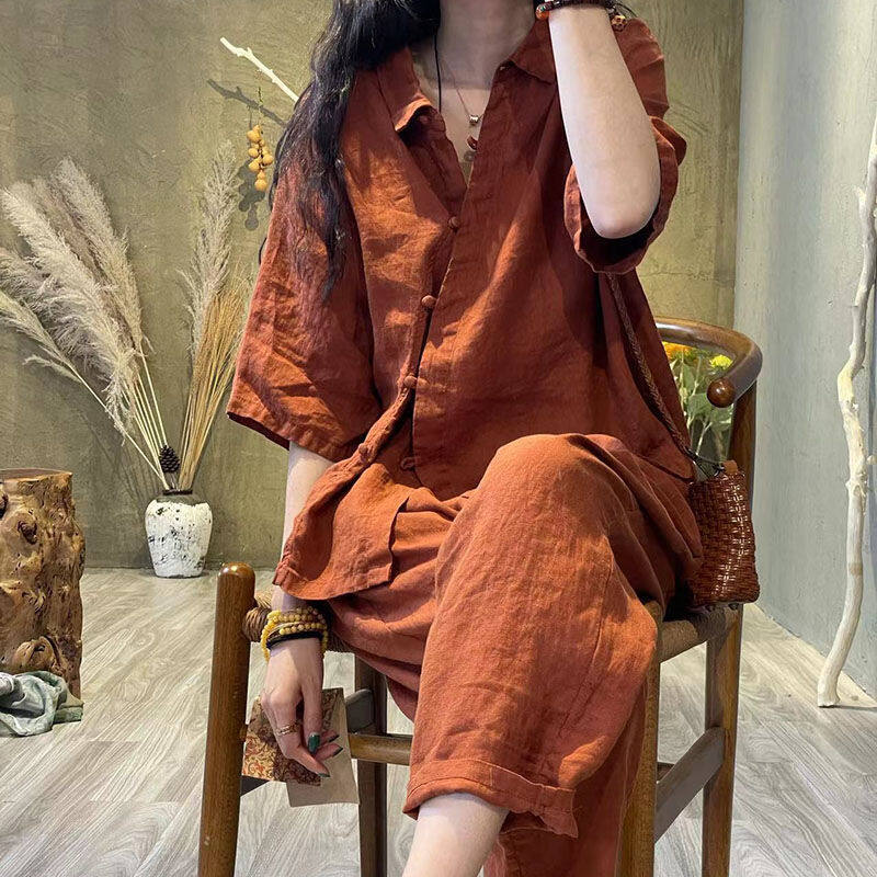 WhiteTime Summer button shirt female pants of leg of cotton fiber bundle two-piece tide 301T0257