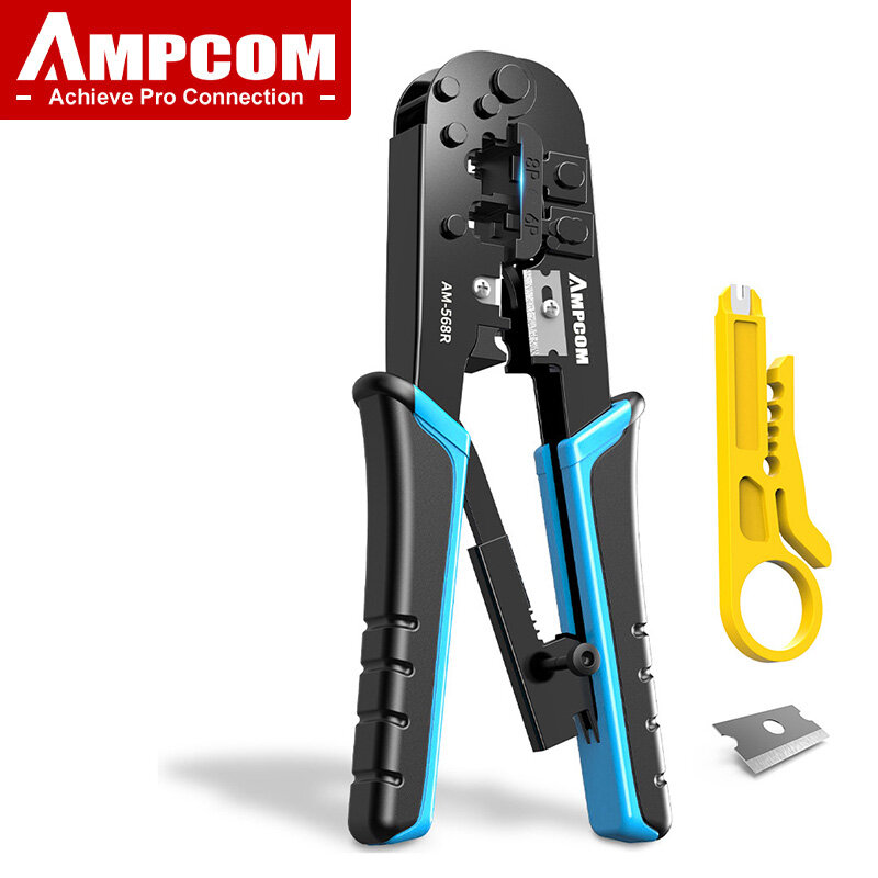 AMPCOM RJ11 RJ45 Ratchet Crimping Tool Ethernet Network LAN Cable Crimper Cutter Stripper Plier Modular 8P RJ45 And 6P RJ12 RJ11