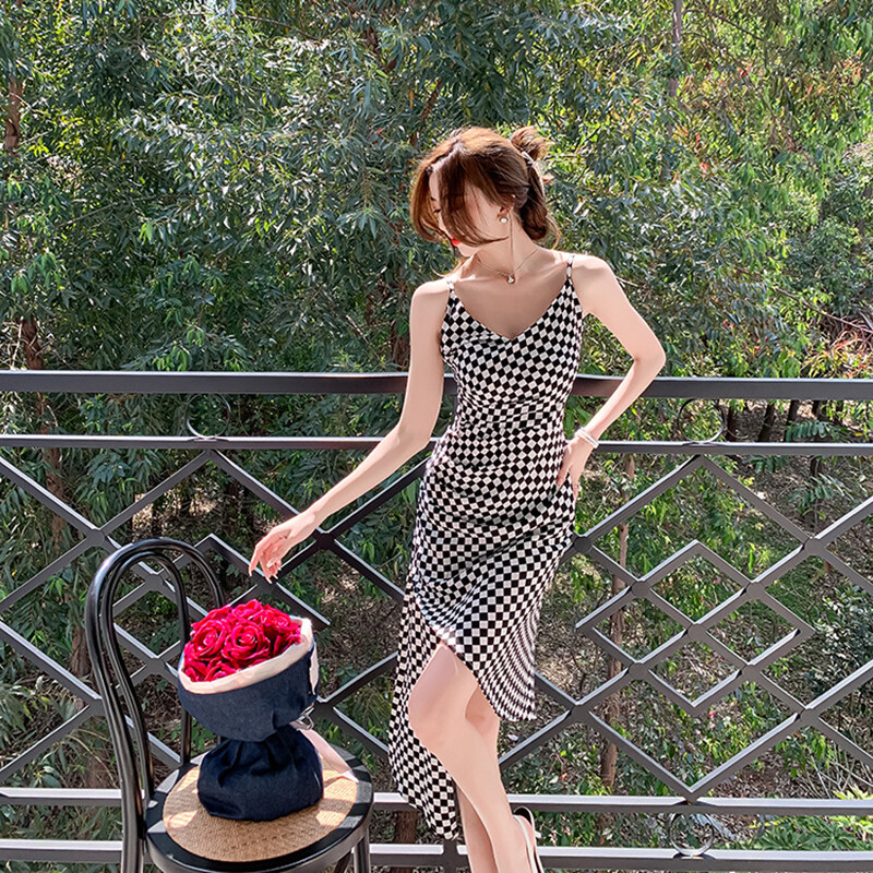women's plaid slim design sleeveless dress