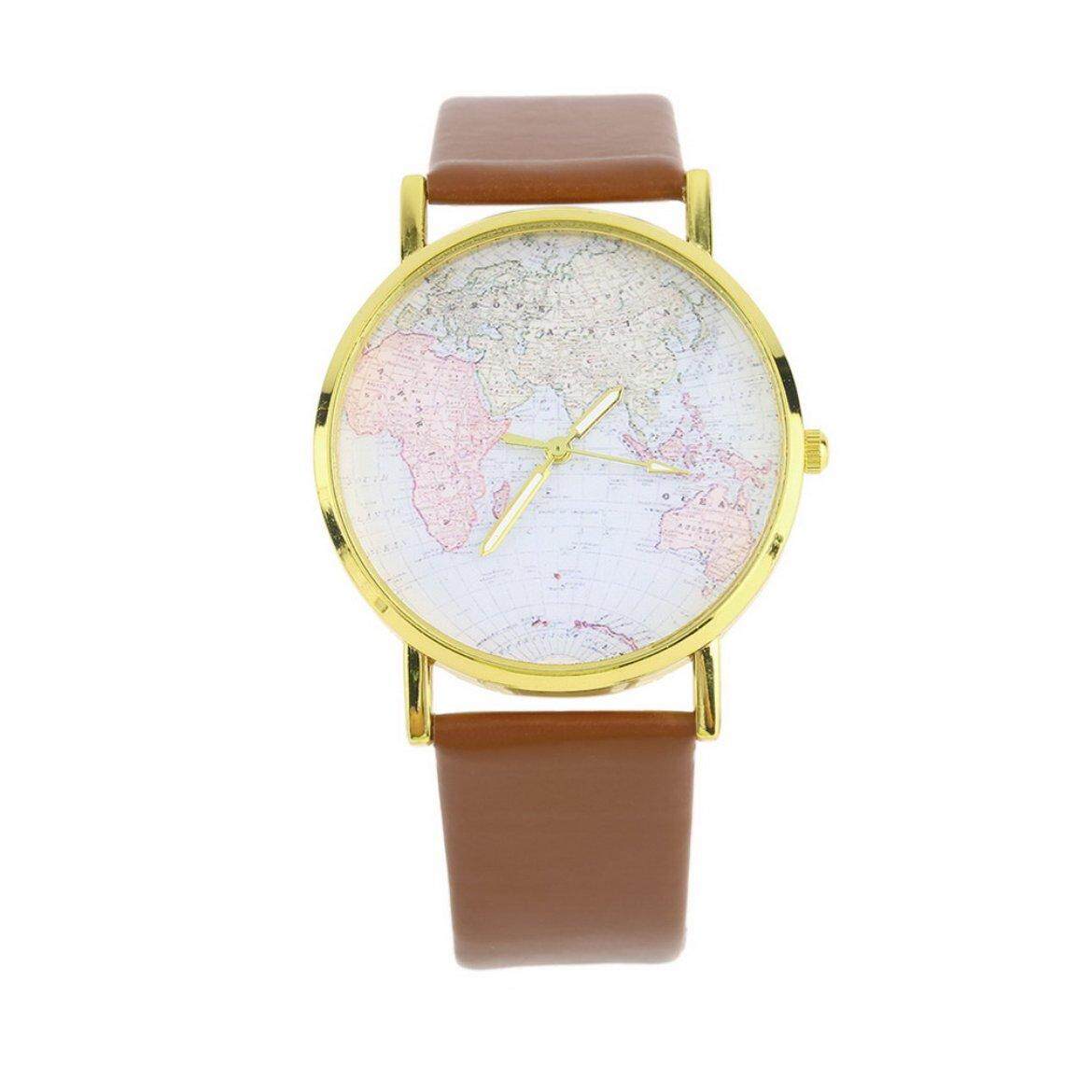 Pilihan Favorit Fashion Wanita Kulit Paduan Globe Peta Dunia Analog Kuarsa Jam Tangan Retro