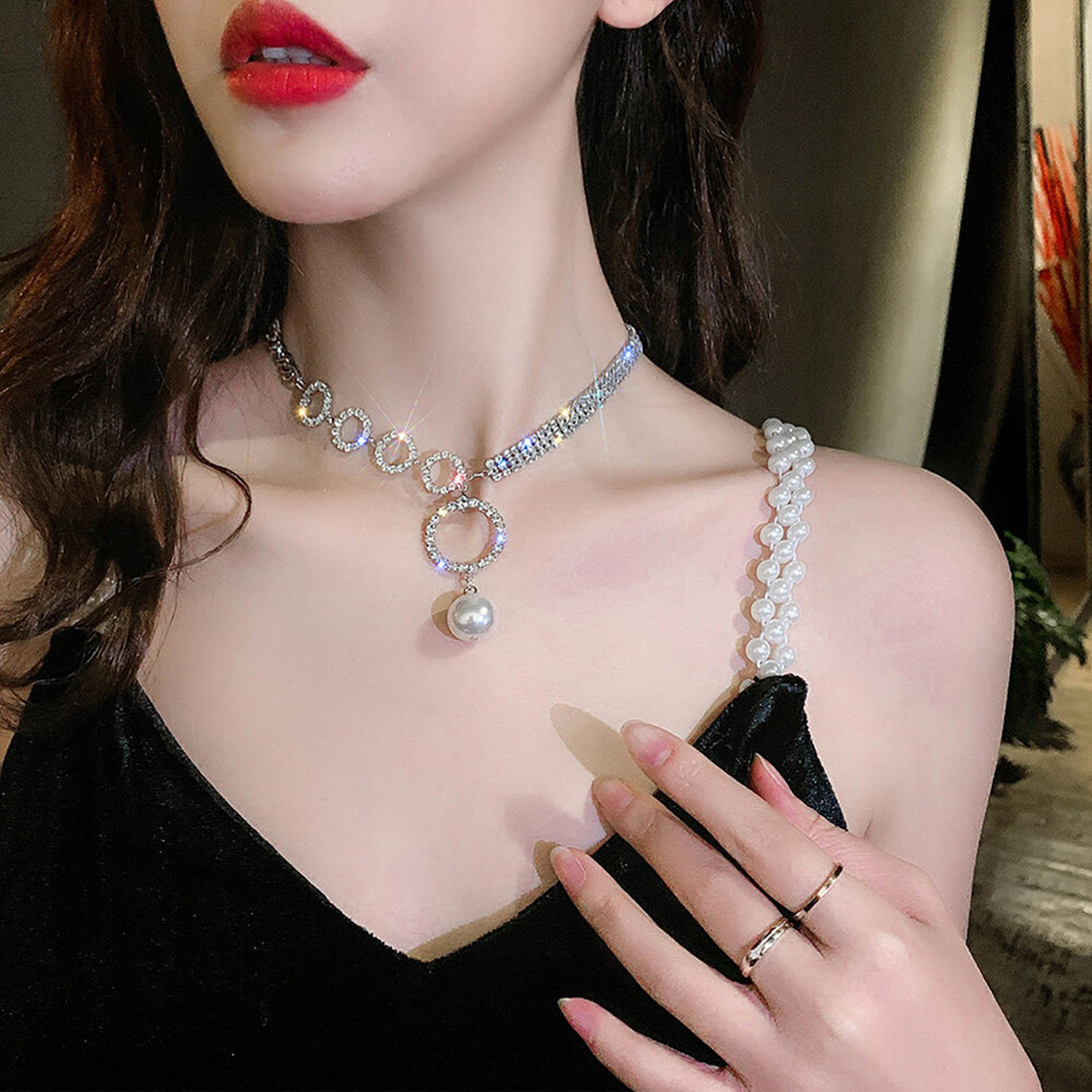 Fangfang European and American exaggerated crystal chain short necklaces for women unusual pearl pendant necklace halloween neck chains