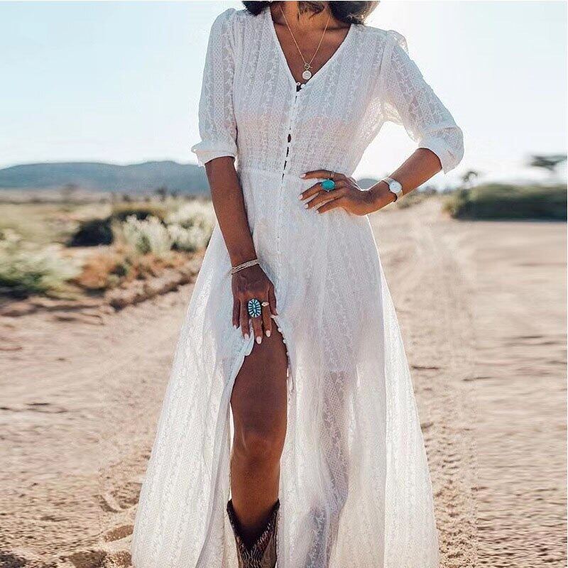 long sleeve white boho maxi dress