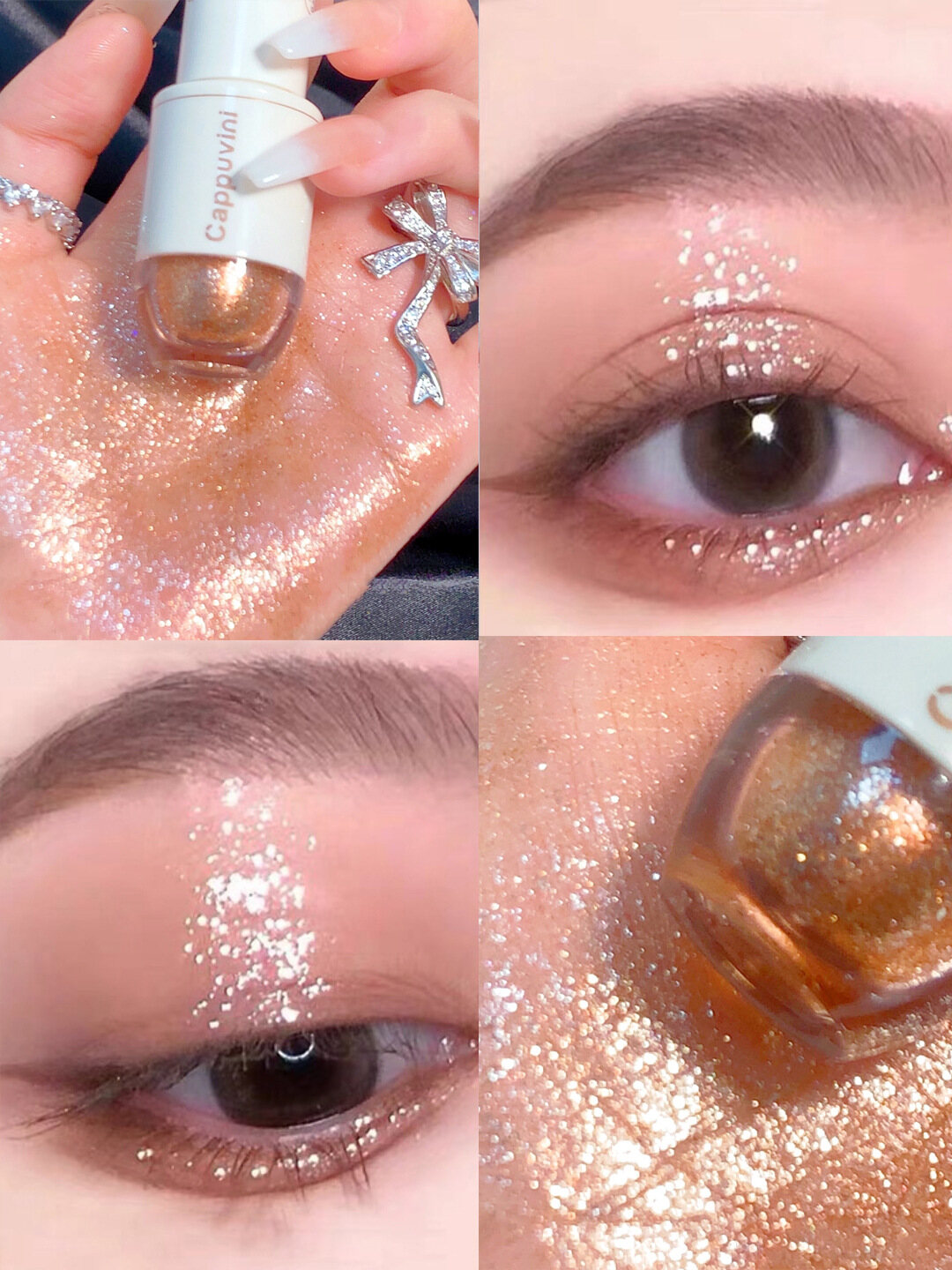 Cappuvini 6 Colors Liquid Eyeshadow Highlight Sequins Glitter Eye Shadow Pearlescent Lying Silkworm Waterproof Lasting Shiny Eye Cosmetic INS