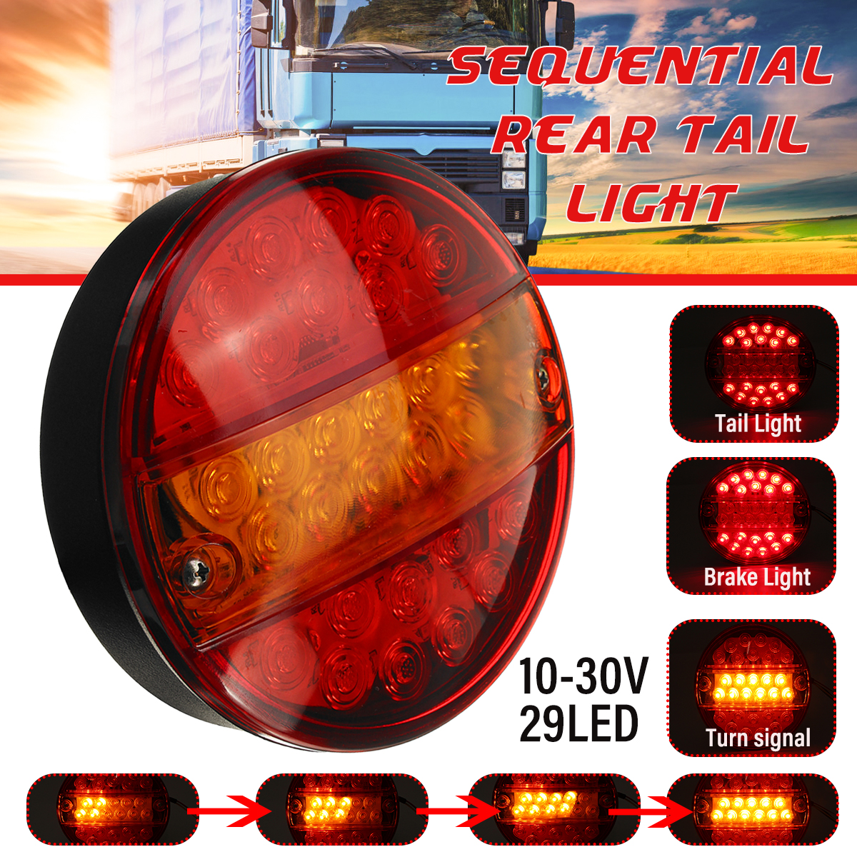 Dynamic Slim Round LED Tail Light - 3-in-1 Function (Tail, Brake, Turn) For Trailers & Trucks