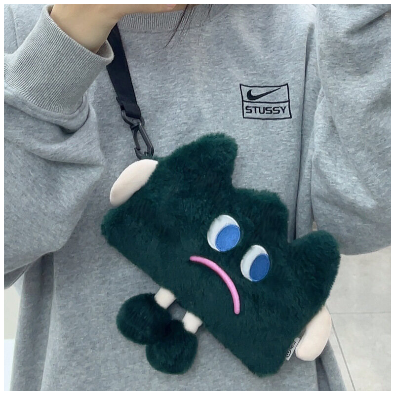 YA ZHOU LONG//New funny expression cute little shoulder bag, chest bag, plush cartoon cross-body bag, casual happy little straw bag