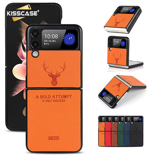KISSCASE For Samsung Z Flip 4 Flip3 5G Deer Head Texture 2-In-1 Leather Case Full Coverage Shockproof Anti-Slip Phone Case For Samsung Galaxy Z Flip 4 Z Flip 3 5G Case Shockproof Back Cover Case