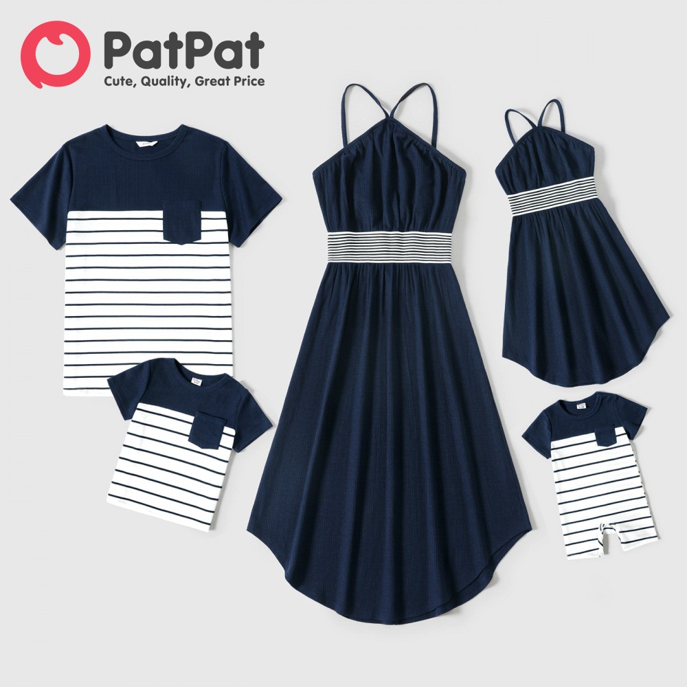 PatPat Family Matching Solid Spaghetti Strap Dresses and Striped Colorblock Short-sleeve T-shirts Sets
