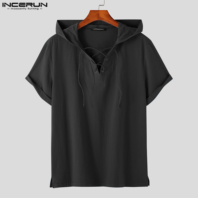 INCERUN Mens Short Sleeve Cotton Linen Fashion Eyelet Plain Hooded Plain Tops Shirts #3