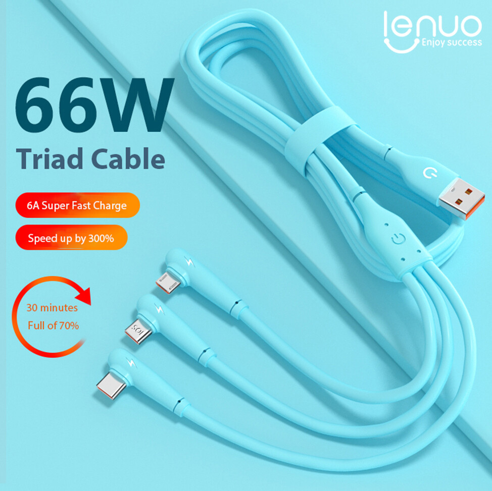 Lenuo 3in1 90 degree usb 66w cable for iphone 14 13 12 pro max fast charging charger liquid silicone data for type c cable 1.2m super fast charging micro usb