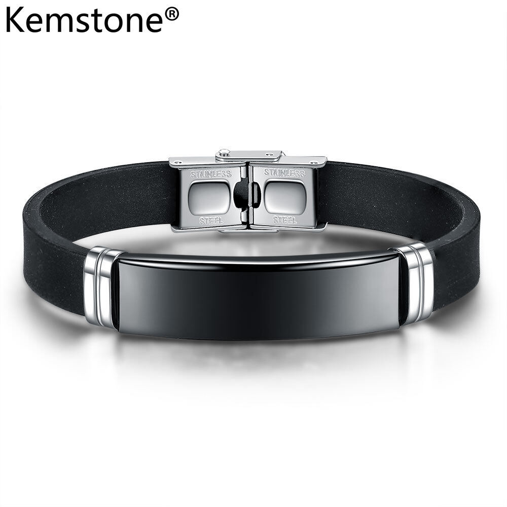 Kemstone Fashion 22CM Silver/Black Stainless Steel Silicone Bracelet for Men