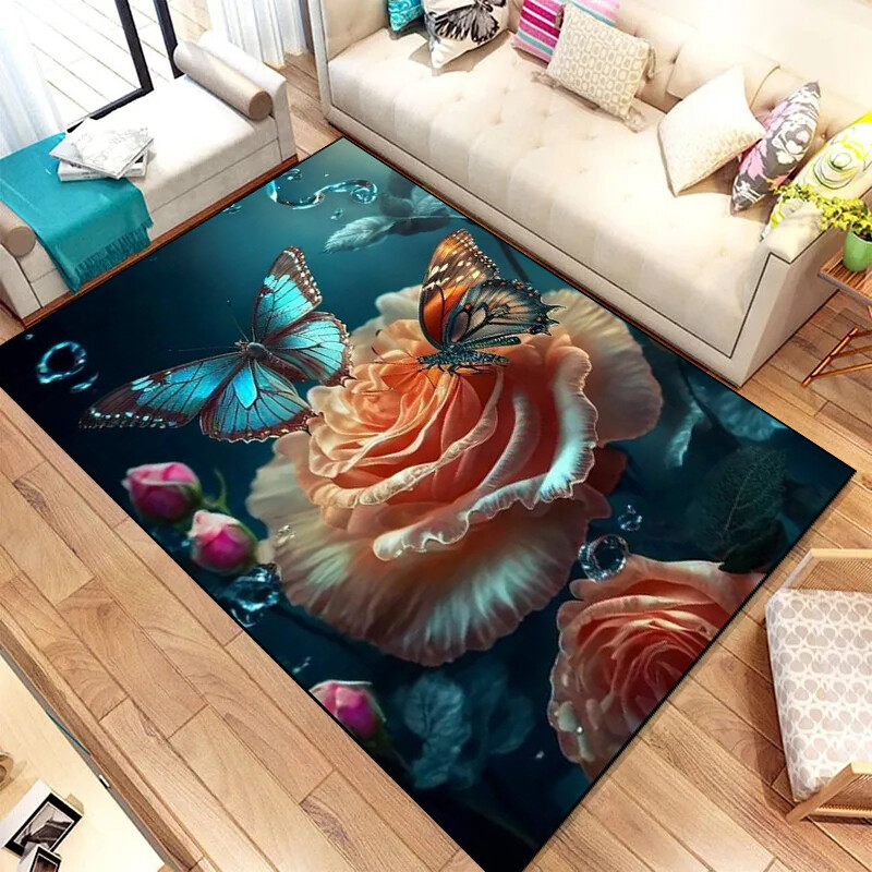 HKStorage 1pc 3D Butterfly flower printed Pattern Area Rugs Butterfly Polyester Fiber Carpet Floor Mat,Dirt Resistant Welcome Doormat, Absorbent Bath Mat, Suitable For Living Room Bedroom Bathroom Kitchen Balcony Patio Carpet