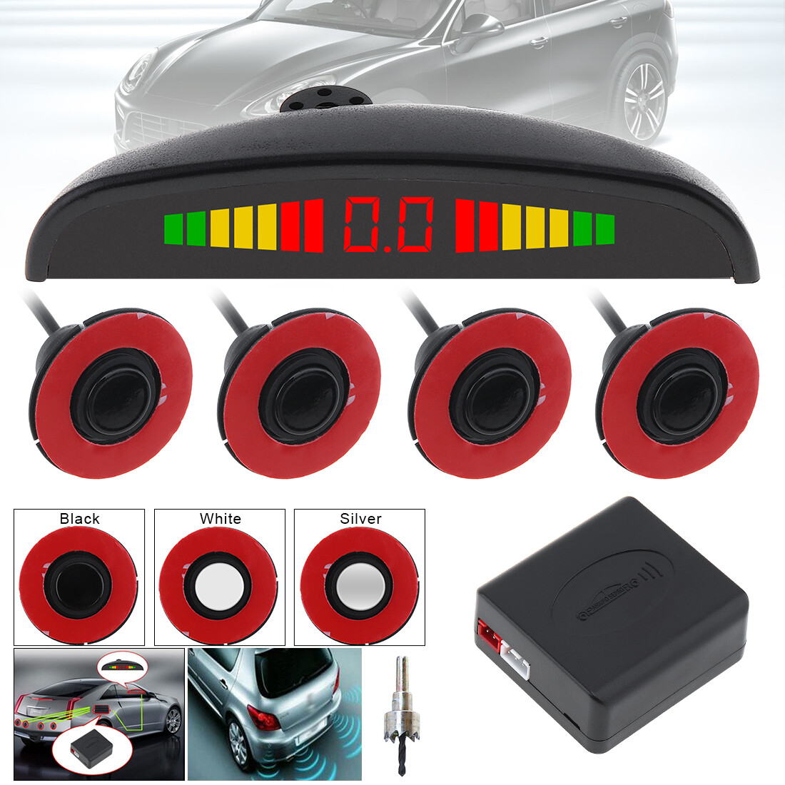 4 Sensors Black Color 16mm Original Car Flat Parking Sensor Crescent Auto Reverse Backup Radar Detector System with LED Display - intl