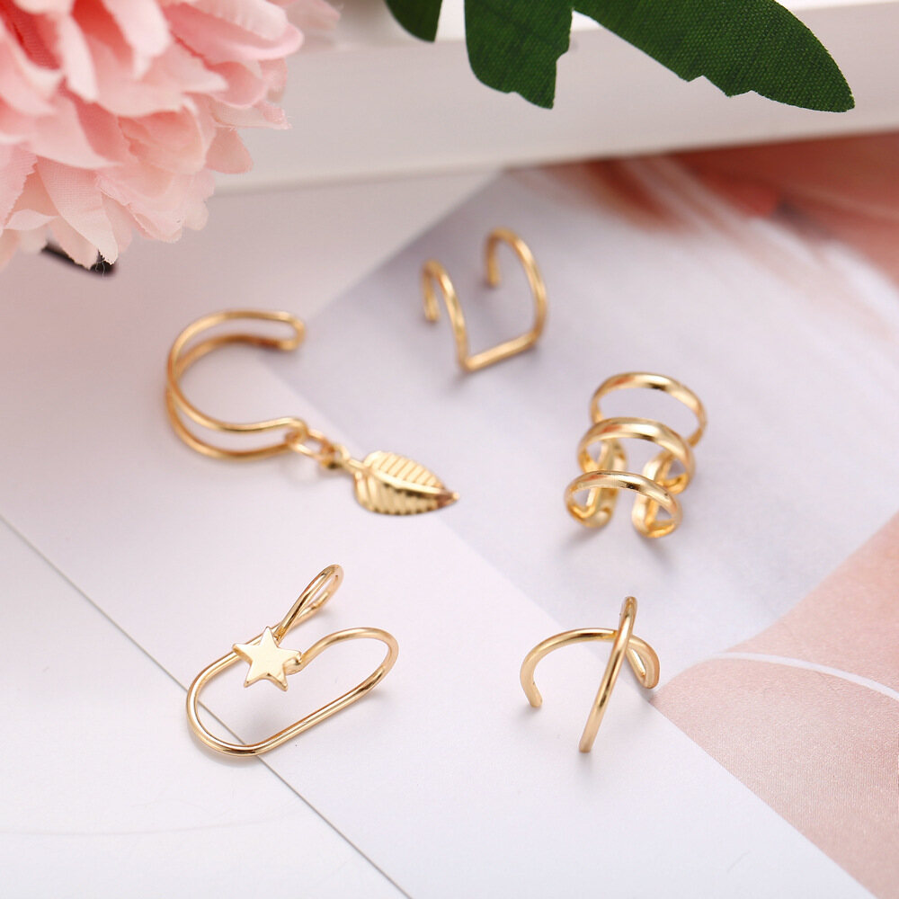 [Lady Sugar]5Pcs/Set Fashion Gold Color Ear Cuffs Leaf Clip Earrings for Women Climbers No Piercing Fake Cartilage Inexpensive Earring