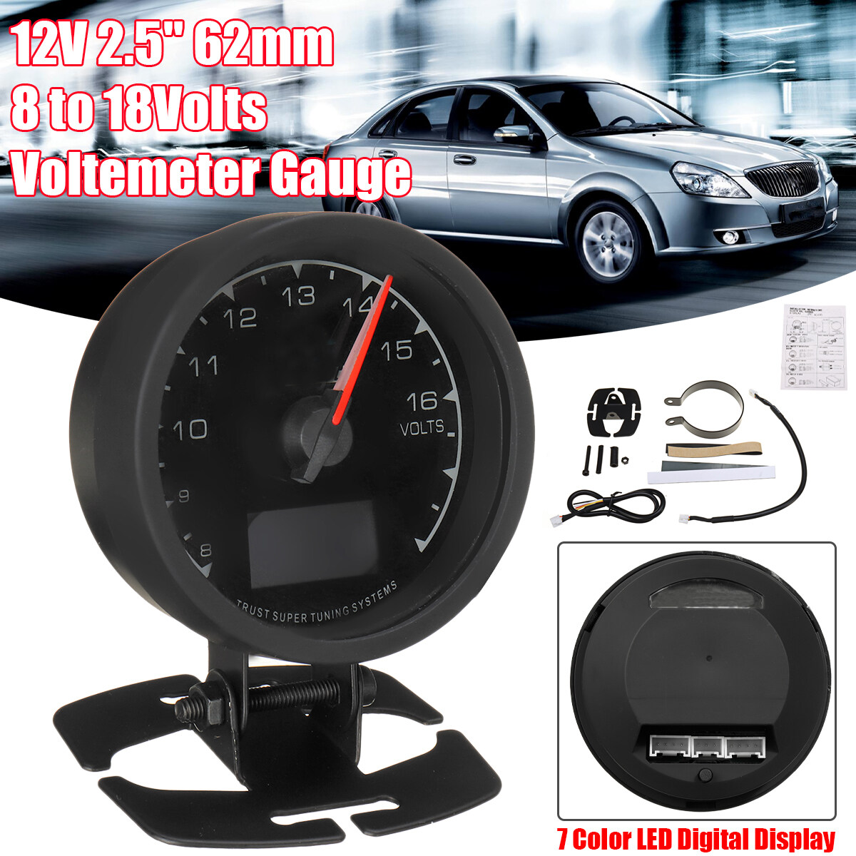 2.5" 62mm Car Voltage Gauge LED Voltmeter Gauge Digital Volt Meter 12V