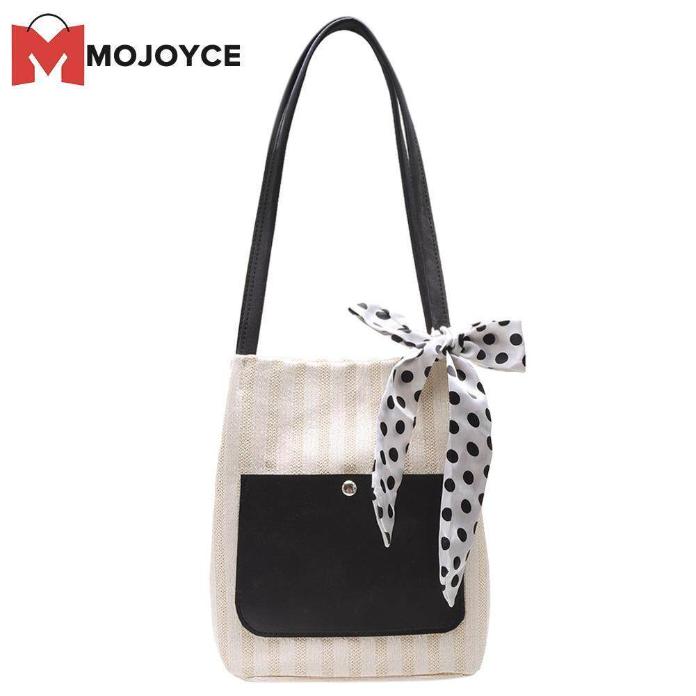 Mojoyce Elegant Scarf Bow Handbags Women Straw Totes Travel Mojoyce Elegant Scarf Bow Handbags