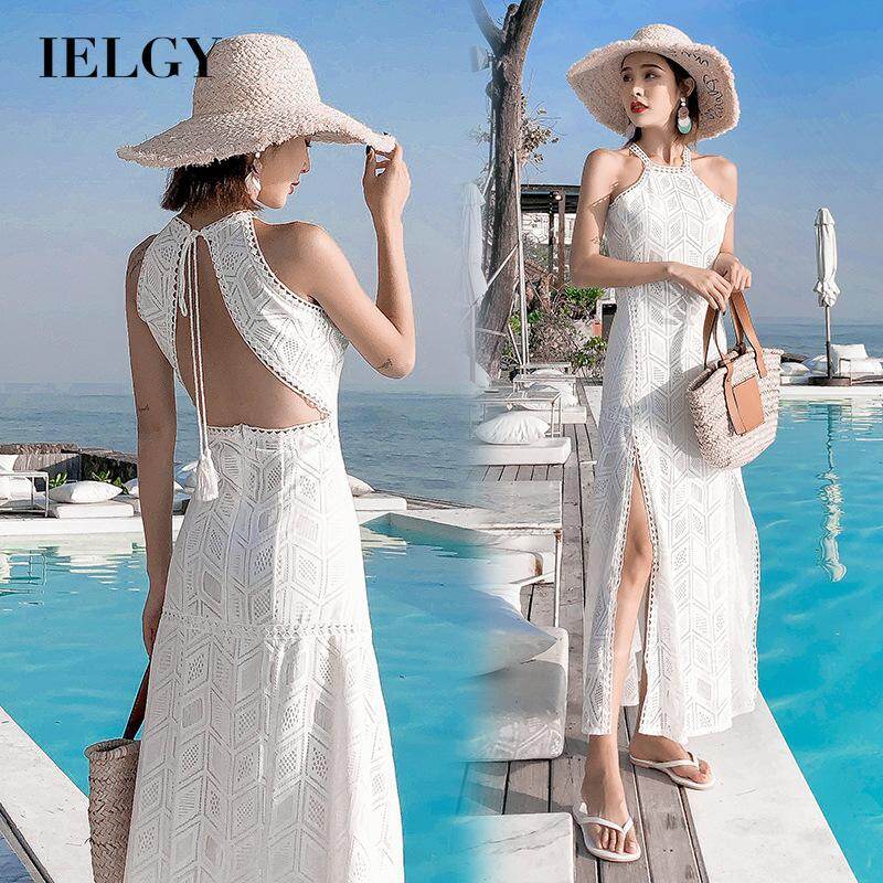 IELGY Women's dress Seaside White Fashion Breathable Tie Slim Split ends Beach Vacation