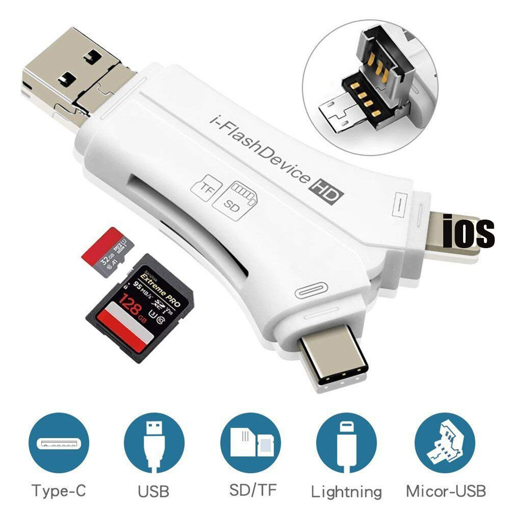 4-in-1 Otg Card Reader Universal Multi-functional Mobile Phone Tf Sd Camera Multi Interface Card Reader (with App)