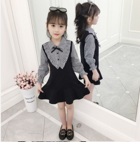 PearlPiggy Girls Dress Spring  Children's Fake Two-piece Plaid Skirt Student Middle School Children's Clothing Korean Long-sleeved Skirt