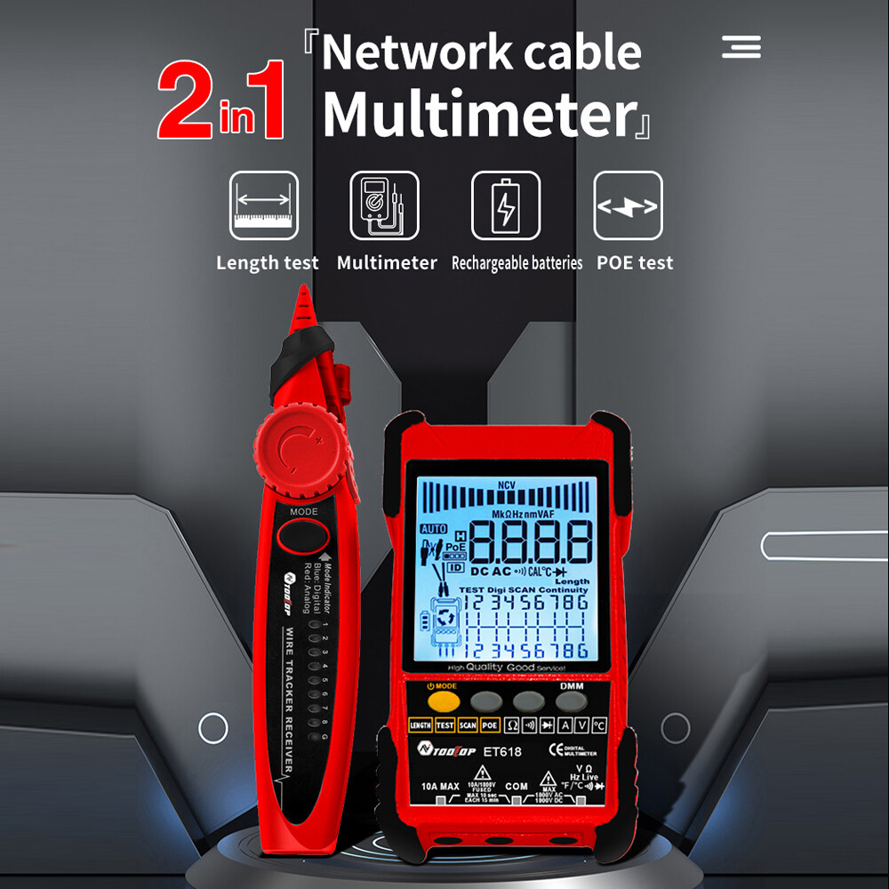 Fansline- TOOLTOP ET616 Handheld Portable Cable Tester with LCD Display Analogs Digital Search POE Test Cable Pairing Sensitivity Adjustable Network Cable Length Short Open Circuit Measure Trackers Multifunctional Cable Tester