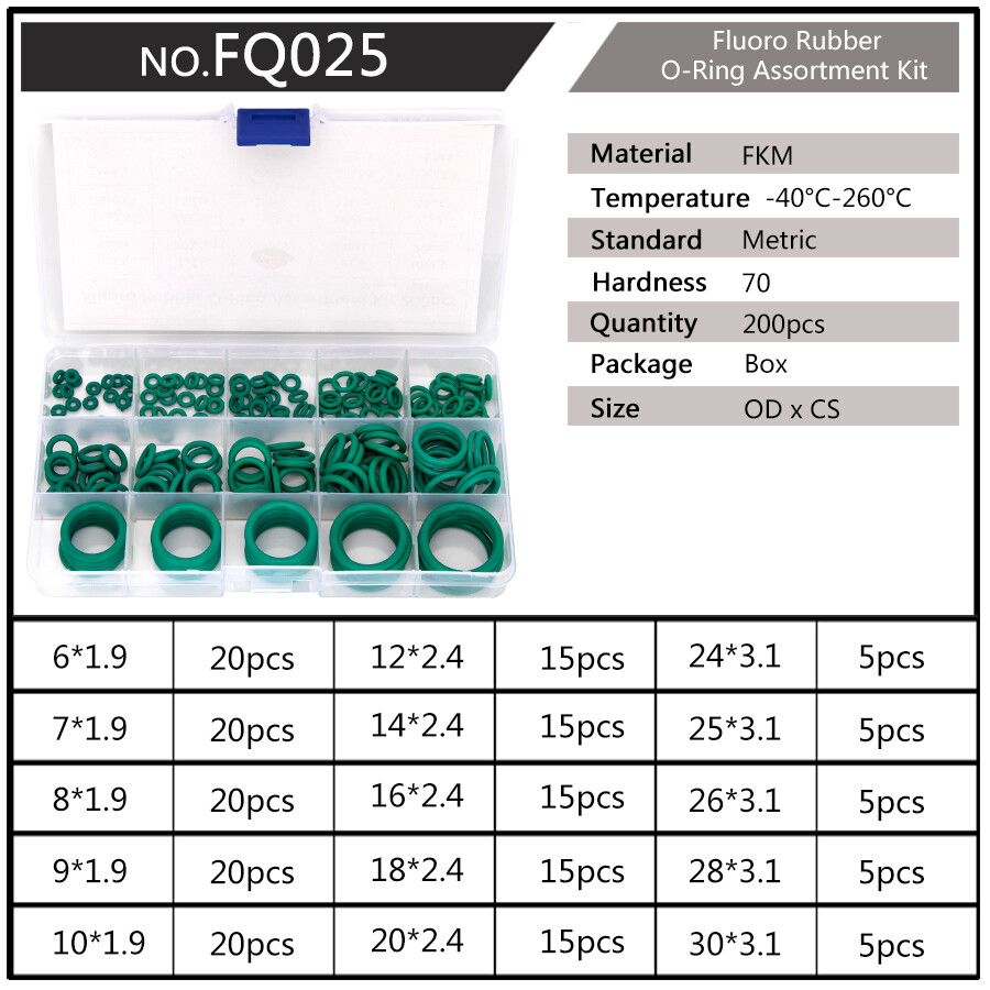 200pcs Tools Set Box Set 15 sizes 1.9-3.1mm Thickness Sealing Fluorine Rubber Orings Durable Socket Rubber Green FKM Gasket FQ025