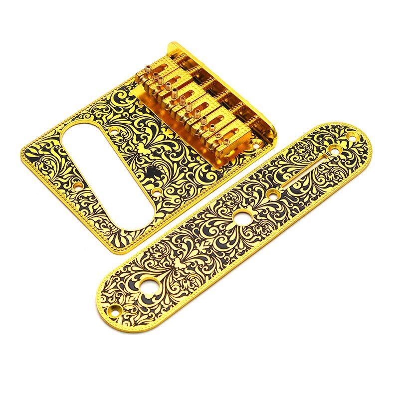 6 String Roller Saddle Bridge and Control Plate for TL Electric Guitar with Carving Decorative Pattern Strings Through Bridge