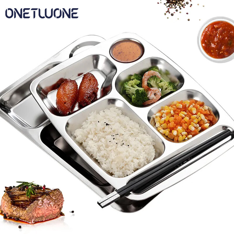 Onetwone Stainless Steel Dish Plate Divided Rectangle Lunchbox Food Server Student Lunch Tray Divided Dinner Tray Lunch Container Food Plate Kitchen Accessories