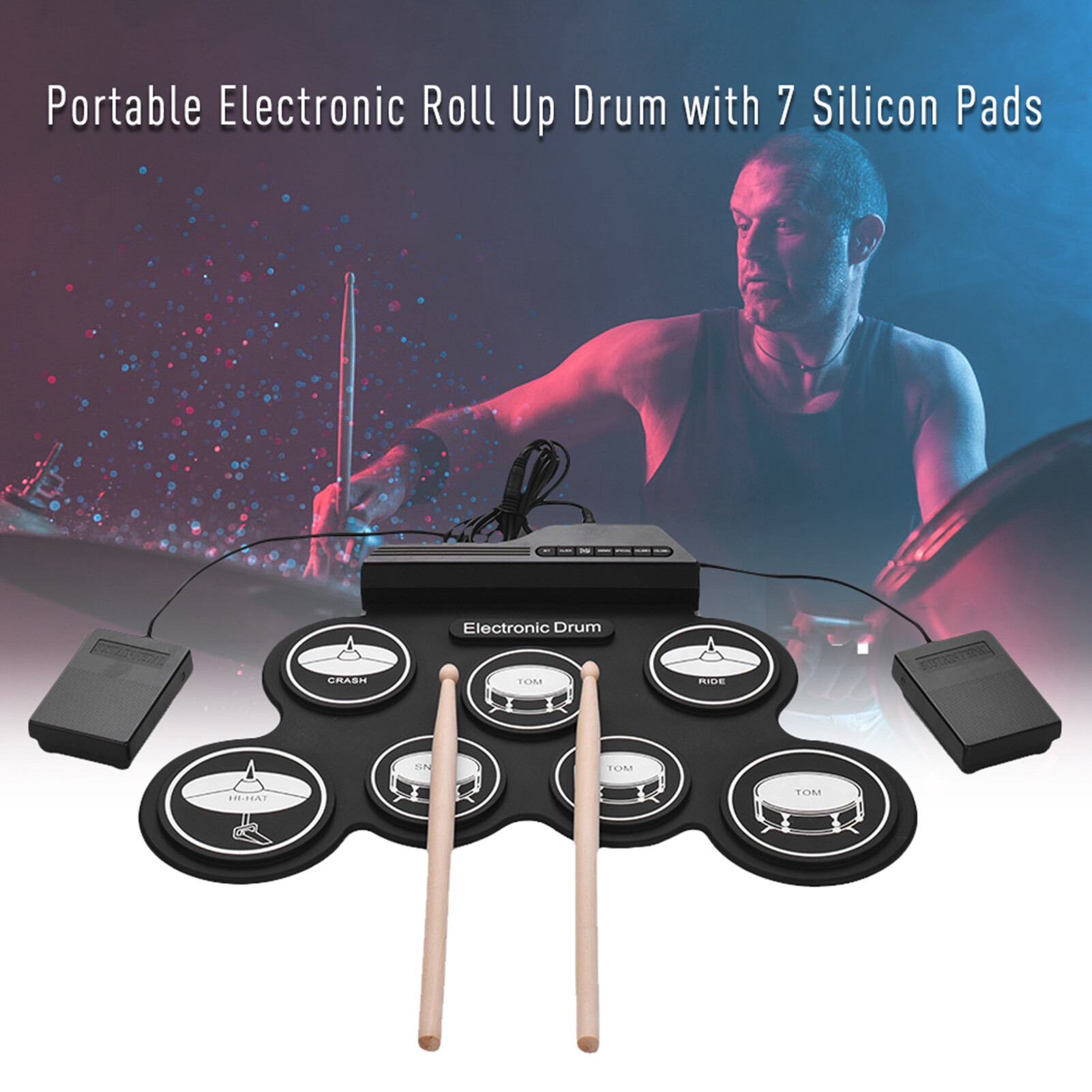 Compact Size USB Roll-Up Silicon Drum Set Digital Electronic Drum Kit 7 Drum Pads with Drumsticks Foot Pedals for Beginners Children Kids