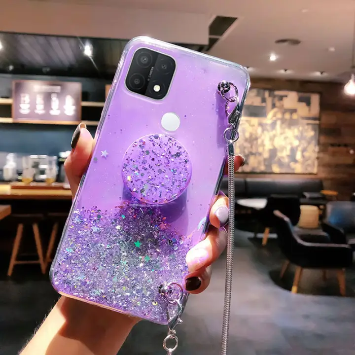 Glitter Phone Casing For Oppo A15 A15s Reno 5 A31 A12 A12e Soft Silicone Case Hp Oppo Reno5 A15 Casing Crossbody Chain Sling Kesing Hp Oppo A15s Case Stand Holder Cover