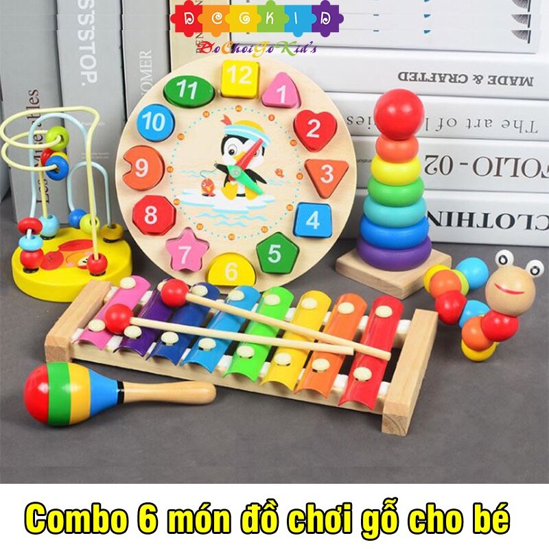 Combo 6 món đồ chơi gỗ an toàn cho bé phát triển trí tuệ, đồ chơi gỗ, đồ chơi thông minh, Đồ chơi G Kids