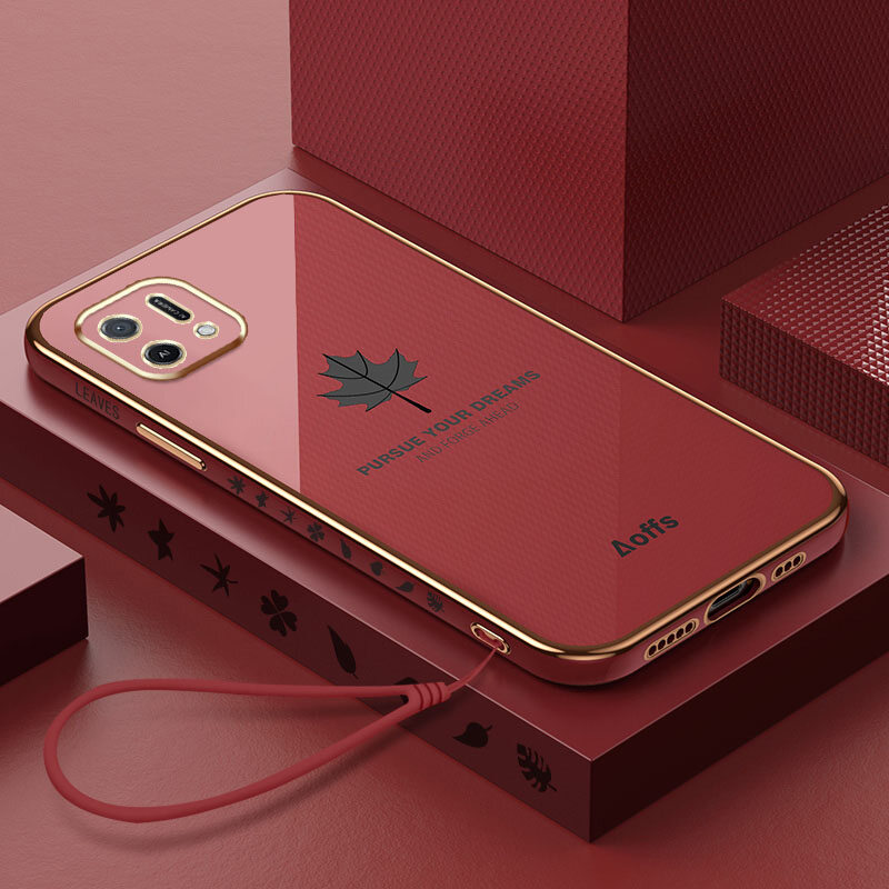 Ybd cạnh thẳng mạ Ốp điện thoại cho OPPO a16k a16e vỏ, chính xác Bảo vệ máy ảnh trường hợp họa tiết lá phong bìa với dây đeo miễn phí