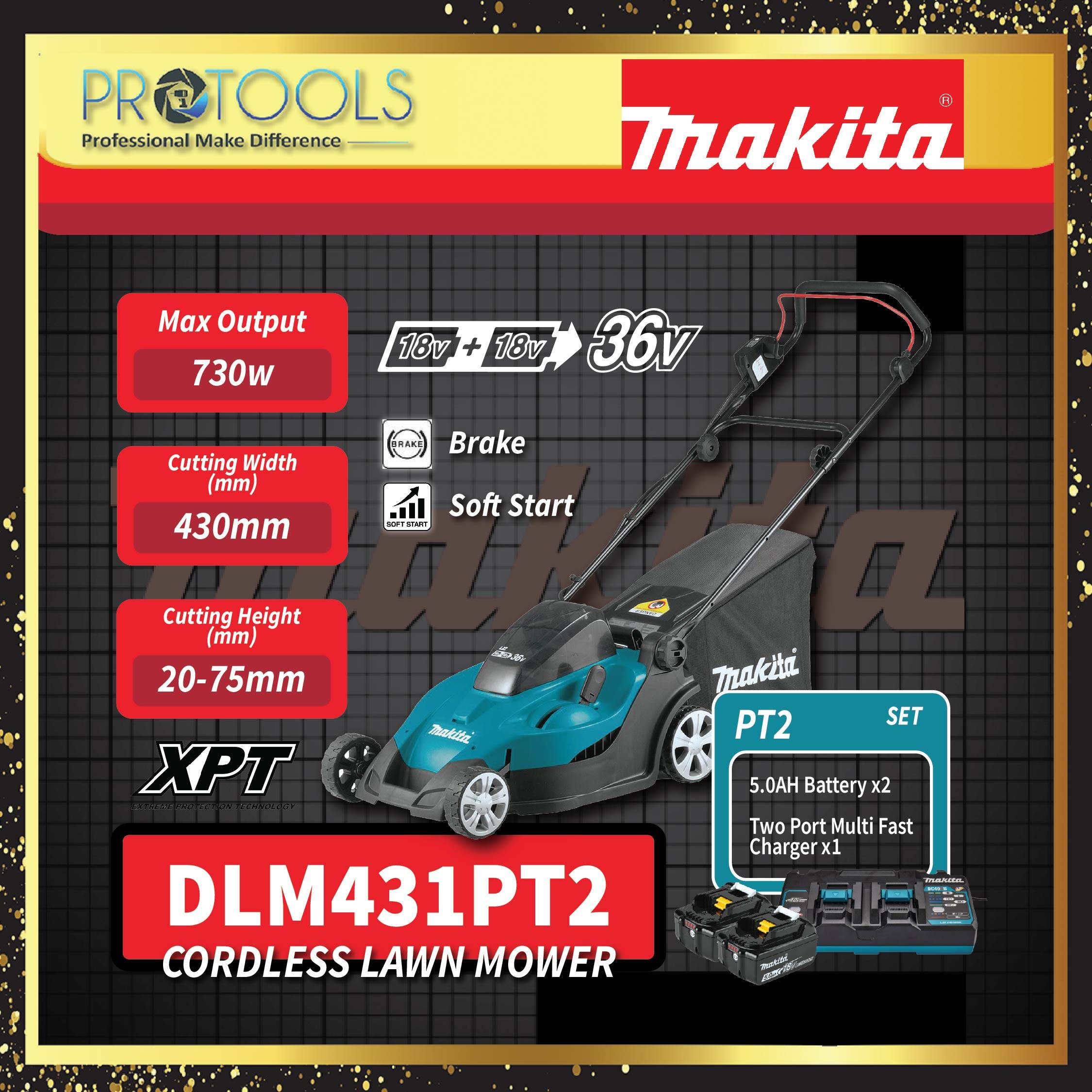 MAKITA / DLM431PT2 CORDLESS LAWNMOWER 430MM | 17 INCH [ 36V ] | Lazada