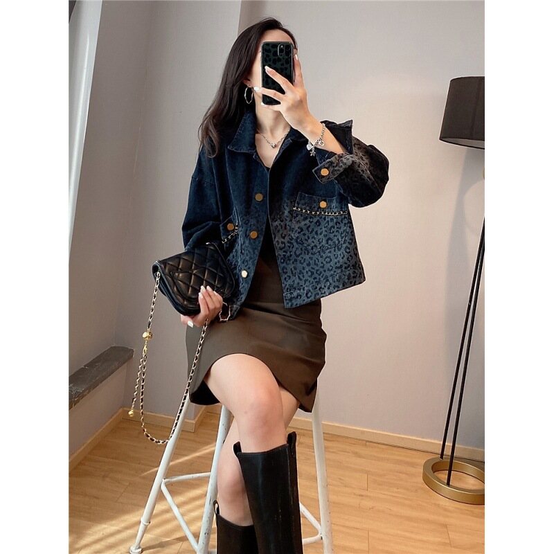 Áo Khoác Denim Da Báo Retro Màu Đen Mùa Xuân Áo Khoác Ngắn Thời Trang Nữ
