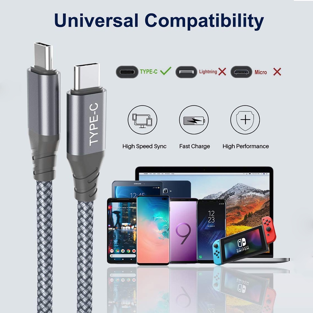Type C to Type C 100W 5A 20V  Fast Charging Nylon Cable / Type C  Charger Cord Compatible With Universal Type C Supported Android / Video Output Fast Charging USB-C Nylon Braided Cable