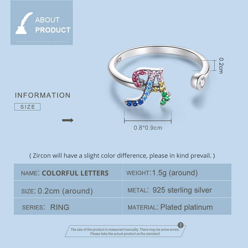 BAMOER 925 Sterling Silver Stackable Initial Letter Rings for Women Capital Letter Adjustable Ring Size 6-8 Jewelry SCR723
