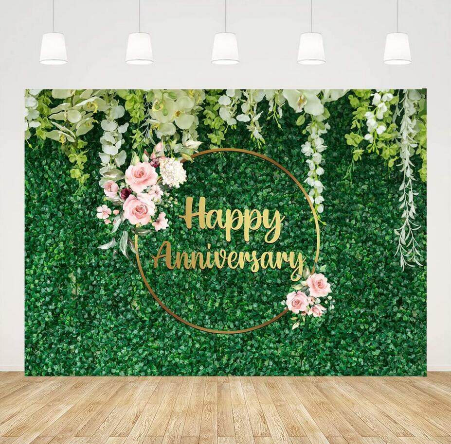 7x5ft Green Grass Wall Floral Happy Anniversary Backdrop for Flower
