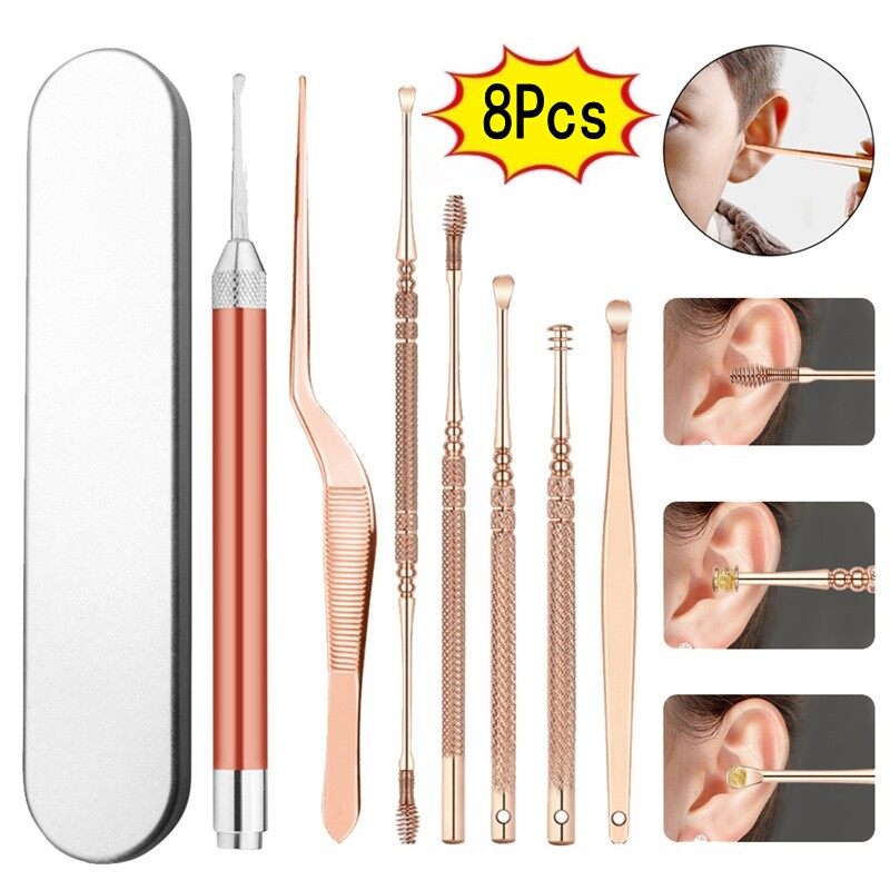 8Pcs/set LED Ear Wax Pickers / Stainless Steel Ear pick Wax Remover /Curette Ear Pick Cleaner / Ear Cleaner Spoon Care Ear Clean Tool