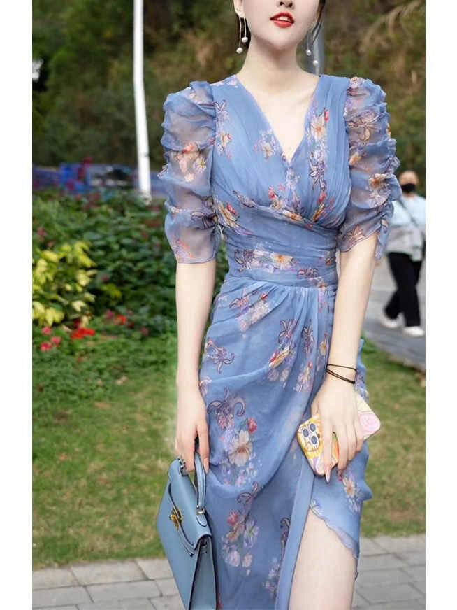 French Unique, Unique, and Exquisite Skirt with a High Sense of seaside Holiday Blue Fragmented Chiffon Waist Dress