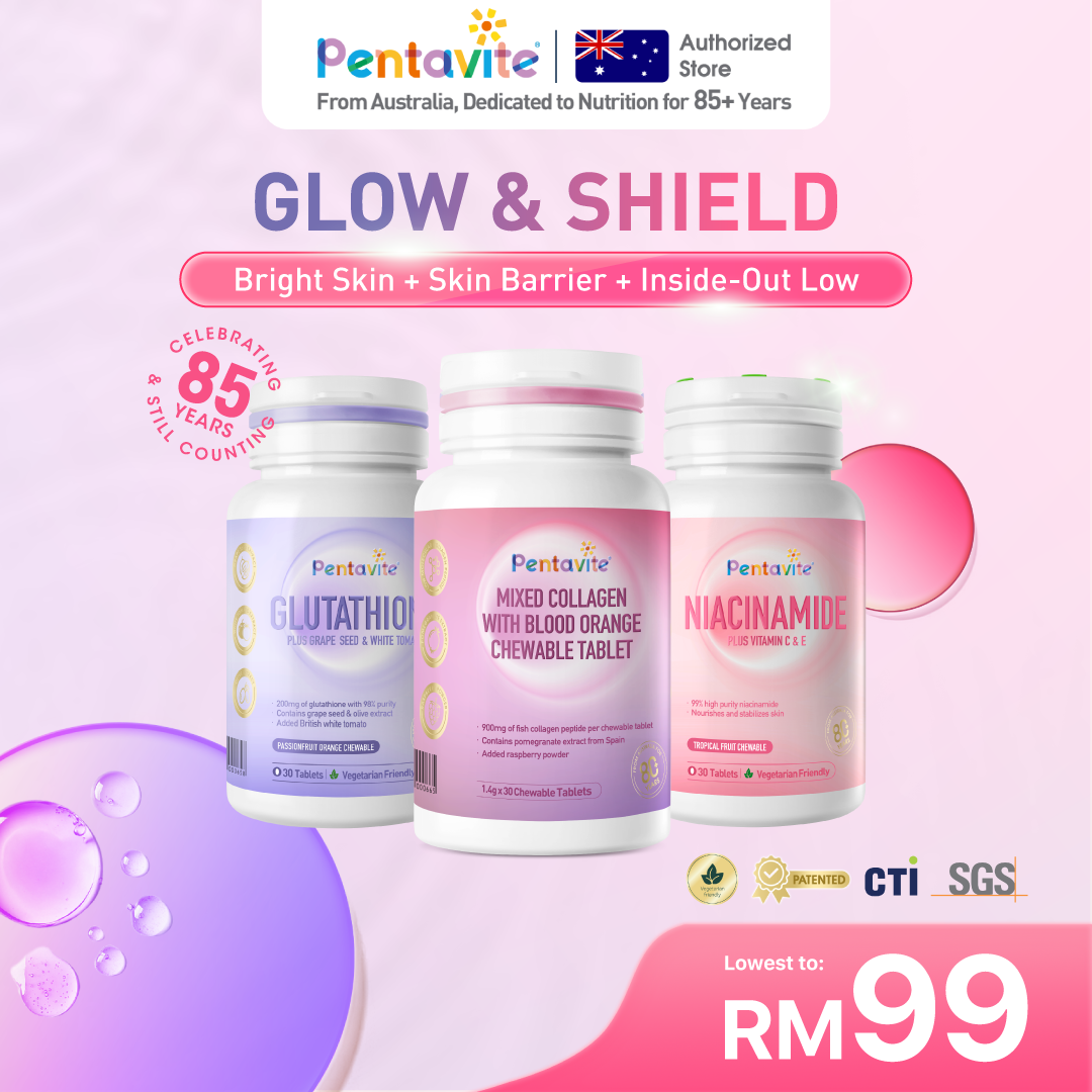glutathione pentavite 【Glow & Shield】Pentavite Collagen Plus Pomegranate & Raspberry Chewable + Pentavite  Glutathione Plus Grape Seed & White Tomato Chewable + Pentavite Niacinamide  Plus Vitamin C &E Chewable