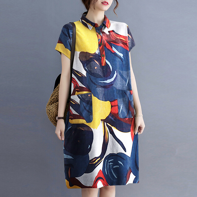 Momonaco zanzea women lapel button up graphic print summer loose a-line midi shirt dress