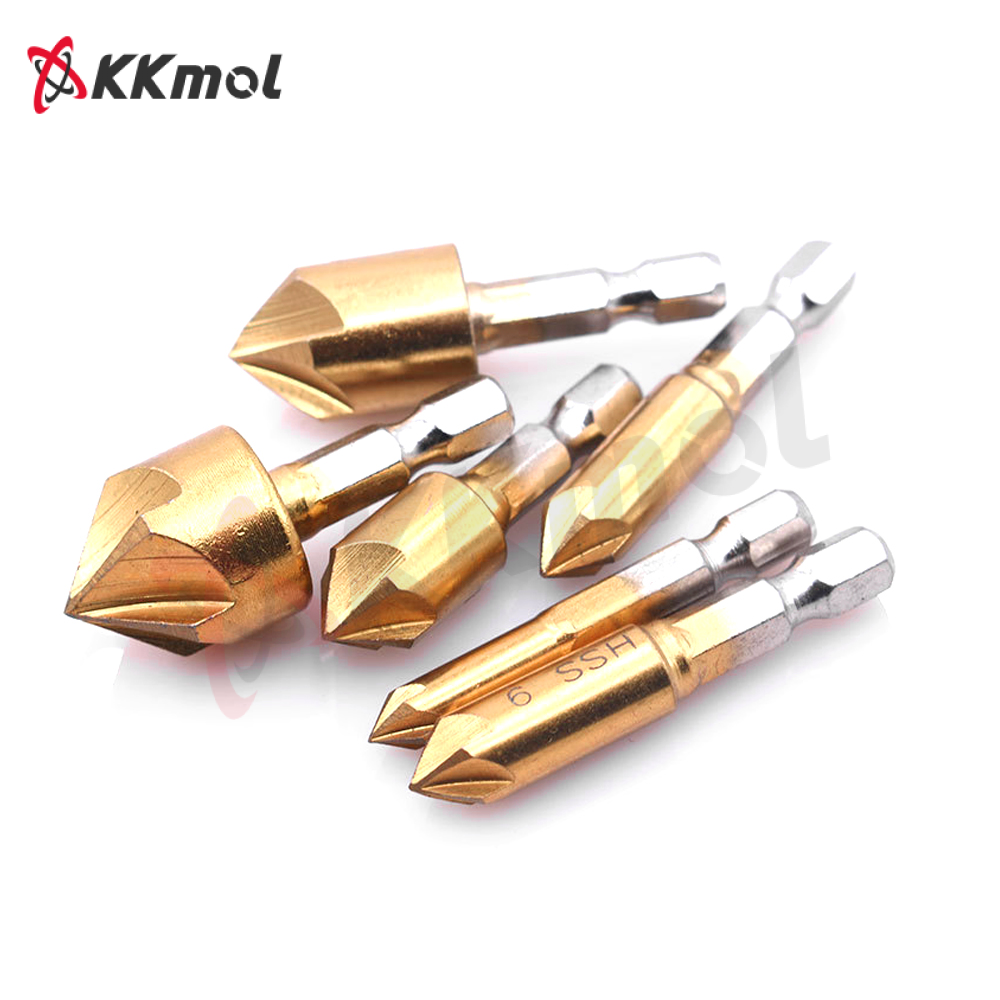 KKmol 6pcs Countersink Drill Bit Set 1/4'' Hex Shank HSS 5 Flute Countersink 90 Degree Wood Chamfering Cutter Chamfer 6mm-19mm