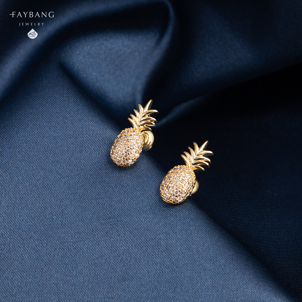 18K Gold Plated Lovely Cubic Zirconia Green And Yellow Crystal Pineapple Charm Stud Earrings