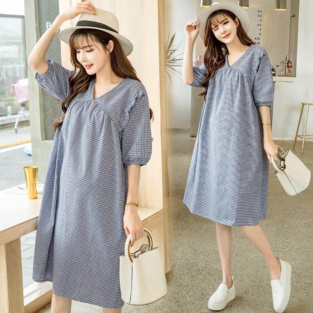 Dress Maternity Women Large V-Neck Half-Sleeve Medium Plaid Casual Loose Dress for Pregnan