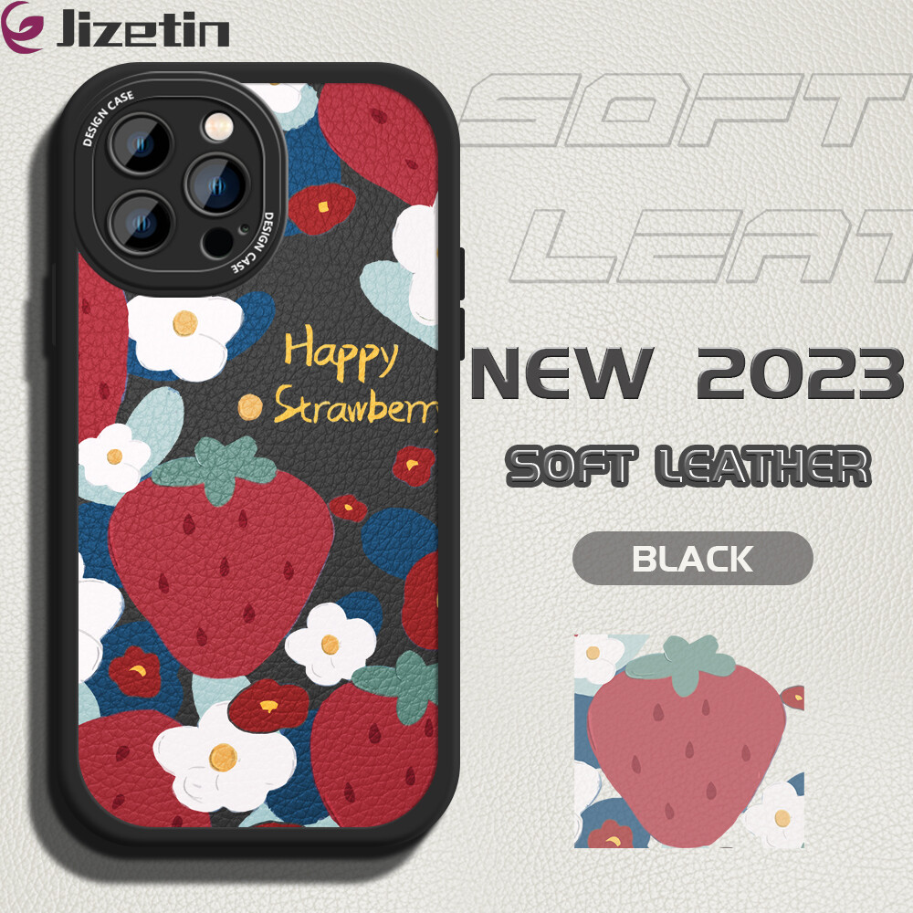 Jizetin Phone Casing For iPhone 14 iPhone 14 Plus ip 14+ iPhone 14 Pro iPhone 14 Pro Max Slim Skin Feeling Flower Strawberry Leather Back Casing Soft Silicone PU Leather Cover Phone Case