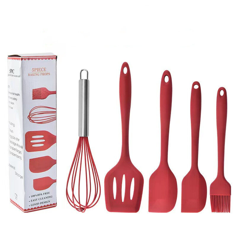Houseeker 5Pcs Silicone Kitchen Utensils Multifunction Shovel Spatula Eggbeater Scraper Brush Set Non-Stick Cooking Cake Baking Tools